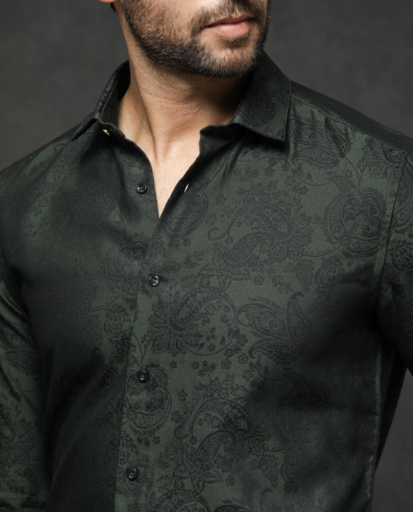 Rare Rabbit Mens Poe Dark Green Cotton Polyester Fabric Full Sleeves Jacquard Texture Shirt
