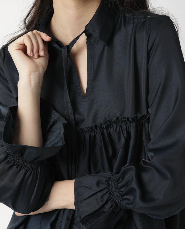 Rareism Women Poet Petrol Polyester Fabric Relaxed Fit Tie-Up Neck Full Sleeves Solid Top