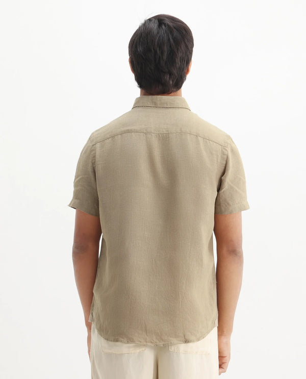 Rare Rabbit Men's Poist Khaki Linen Fabric Short Sleeve Collared Neck Button Closure Plain Shirt
