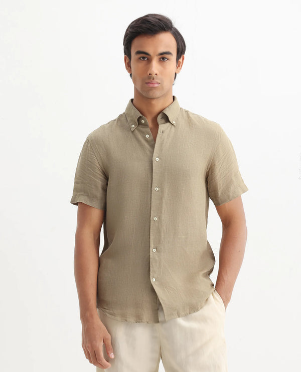 Rare Rabbit Men's Poist Khaki Linen Fabric Short Sleeve Collared Neck Button Closure Plain Shirt