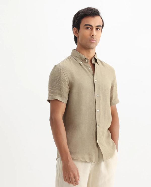 Rare Rabbit Men's Poist Khaki Linen Fabric Short Sleeve Collared Neck Button Closure Plain Shirt