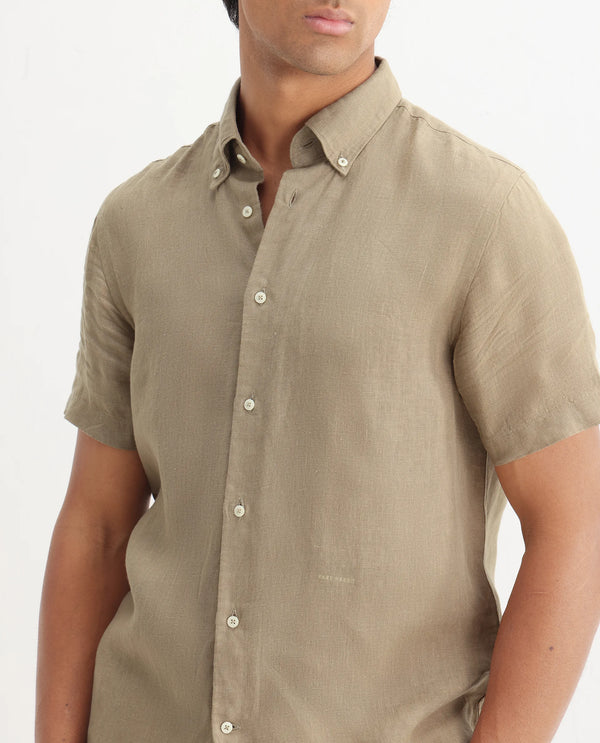 Rare Rabbit Men's Poist Khaki Linen Fabric Short Sleeve Collared Neck Button Closure Plain Shirt