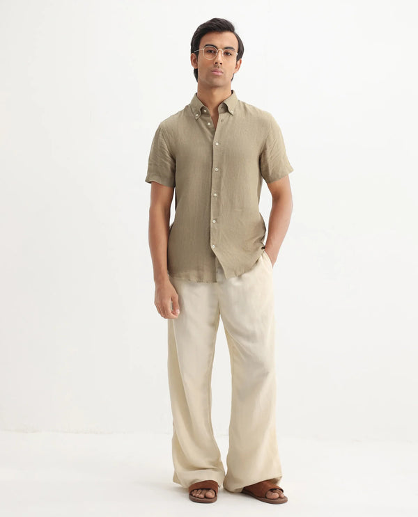 Rare Rabbit Men's Poist Khaki Linen Fabric Short Sleeve Collared Neck Button Closure Plain Shirt