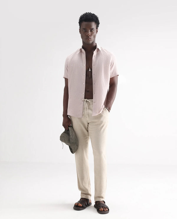 Rare Rabbit Men's Poist Dusky Pink Linen Fabric Short Sleeve Collared Neck Button Closure Plain Shirt