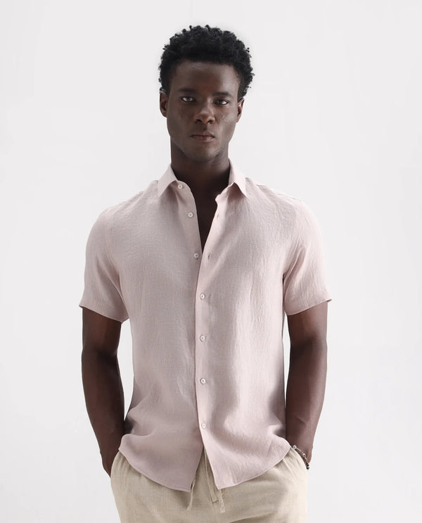 Rare Rabbit Men's Poist Dusky Pink Linen Fabric Short Sleeve Collared Neck Button Closure Plain Shirt