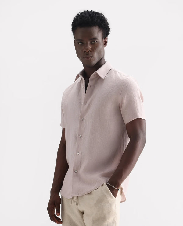 Rare Rabbit Men's Poist Dusky Pink Linen Fabric Short Sleeve Collared Neck Button Closure Plain Shirt