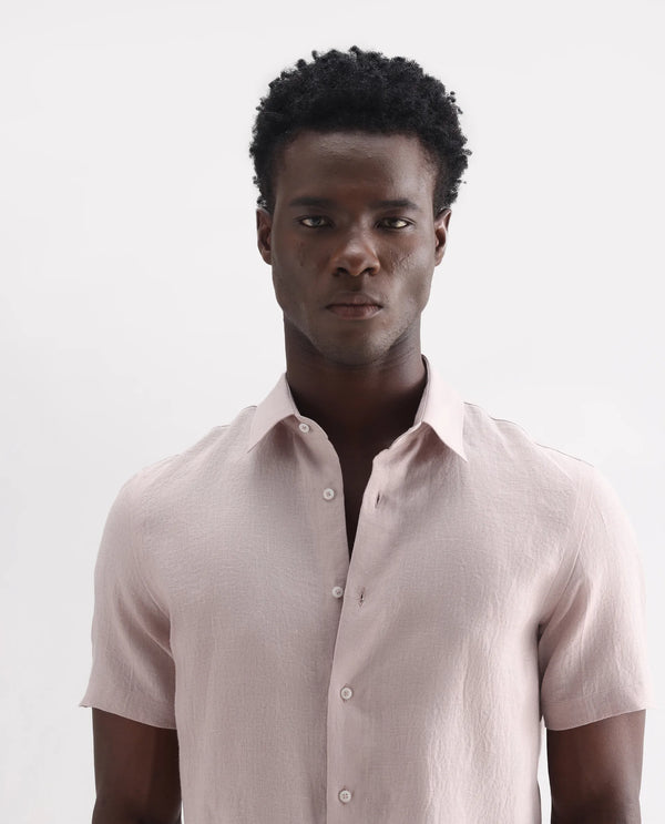 Rare Rabbit Men's Poist Dusky Pink Linen Fabric Short Sleeve Collared Neck Button Closure Plain Shirt