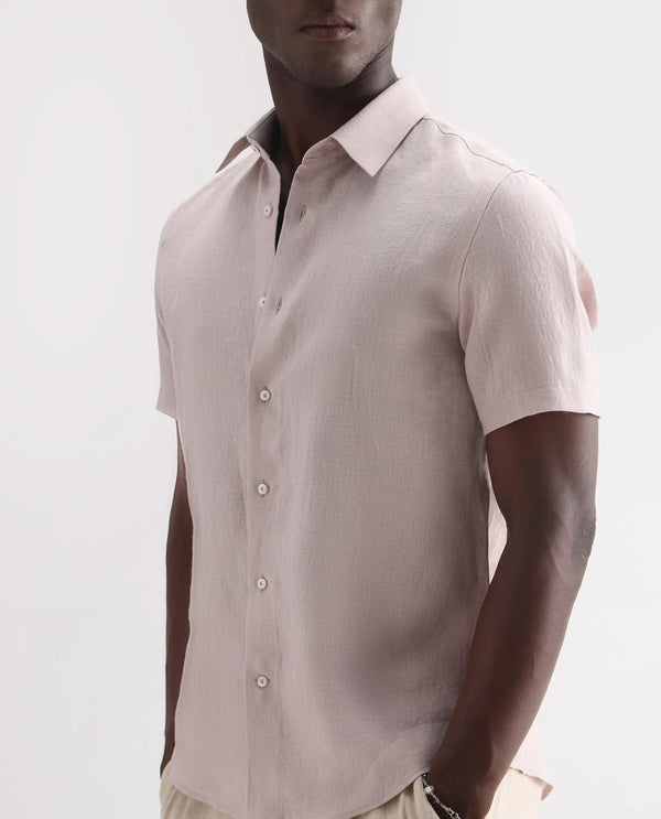 Rare Rabbit Men's Poist Dusky Pink Linen Fabric Short Sleeve Collared Neck Button Closure Plain Shirt