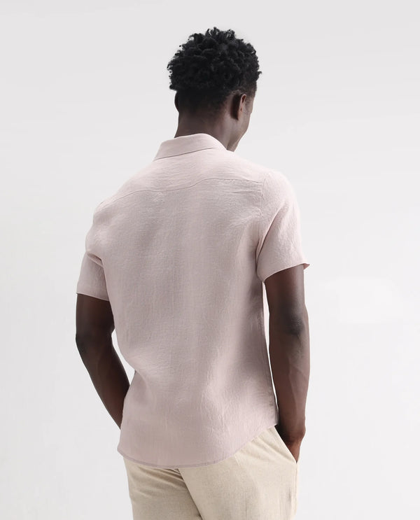 Rare Rabbit Men's Poist Dusky Pink Linen Fabric Short Sleeve Collared Neck Button Closure Plain Shirt