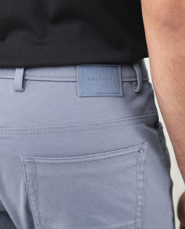 Rare Rabbit Men's Poke-2 Dusky Blue Solid Mid-Rise Regular Fit Trouser