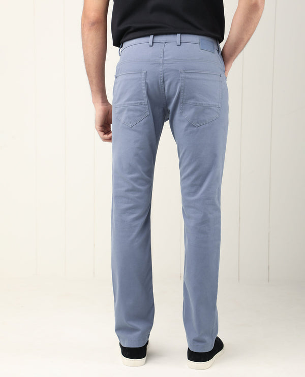 Rare Rabbit Men's Poke-2 Dusky Blue Solid Mid-Rise Regular Fit Trouser