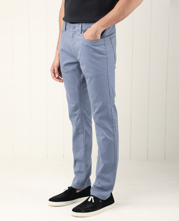 Rare Rabbit Men's Poke-2 Dusky Blue Solid Mid-Rise Regular Fit Trouser