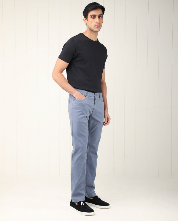Rare Rabbit Men's Poke-2 Dusky Blue Solid Mid-Rise Regular Fit Trouser