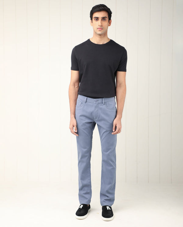 Rare Rabbit Men's Poke-2 Dusky Blue Solid Mid-Rise Regular Fit Trouser