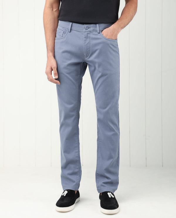 Rare Rabbit Men's Poke-2 Dusky Blue Solid Mid-Rise Regular Fit Trouser