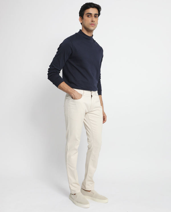 Rare Rabbit Men's Poke Beige Solid Mid-Rise Regular Fit Trouser