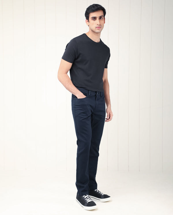 Rare Rabbit Men's Poke Navy Solid Mid-Rise Regular Fit Trouser