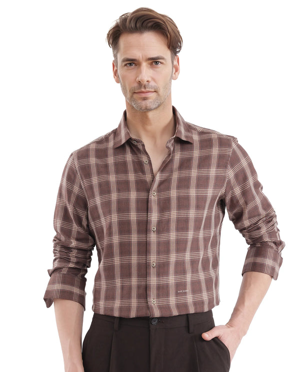 Rare Rabbit  Men's Polaz Brown Cotton Fabric Checks Shirt