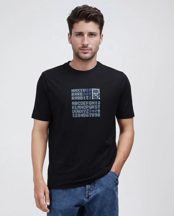 Rare Rabbit Men Pol Black Cotton Fabric Short Sleeve Crew Neck Gel Graphic Print T-Shirt