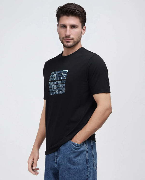 Rare Rabbit Men Pol Black Cotton Fabric Short Sleeve Crew Neck Gel Graphic Print T-Shirt