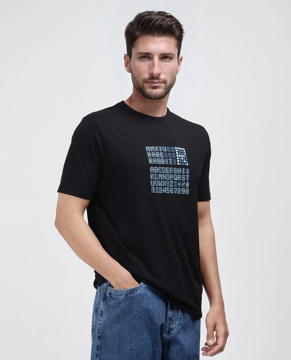 Rare Rabbit Men Pol Black Cotton Fabric Short Sleeve Crew Neck Gel Graphic Print T-Shirt