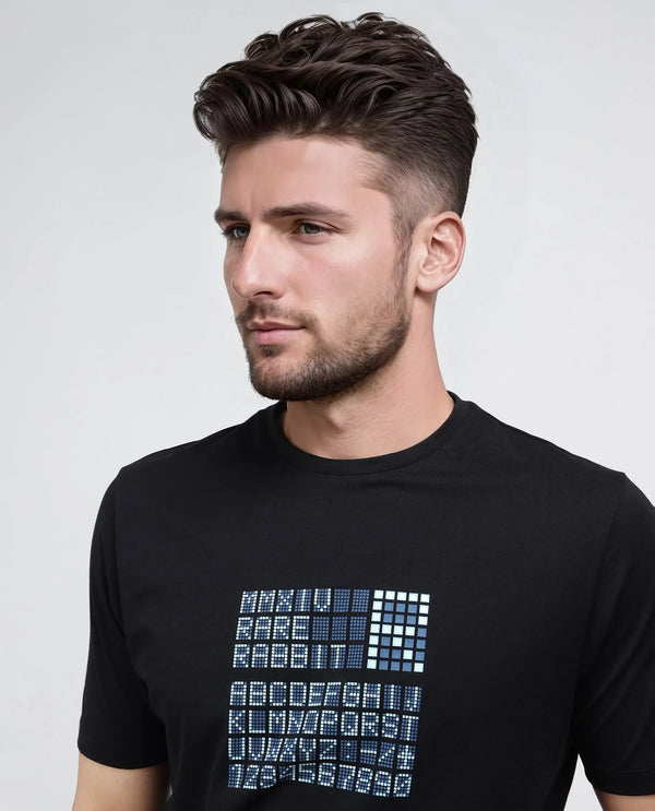 Rare Rabbit Men Pol Black Cotton Fabric Short Sleeve Crew Neck Gel Graphic Print T-Shirt