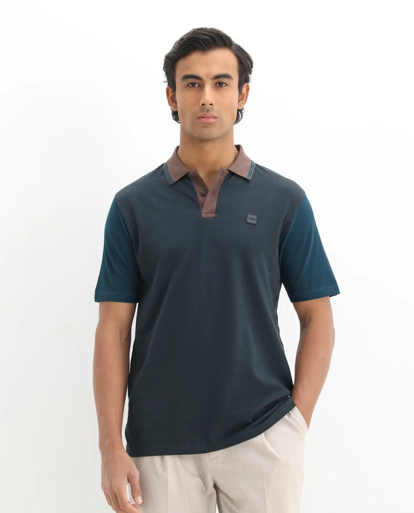 Rare Rabbit Men's Polf Dark Grey Cotton Fabric Short Sleeves Collared Neck Regular Fit Plain Knit Polo T-Shirt