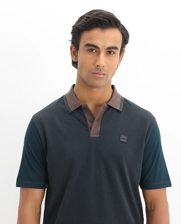 Rare Rabbit Men's Polf Dark Grey Cotton Fabric Short Sleeves Collared Neck Regular Fit Plain Knit Polo T-Shirt