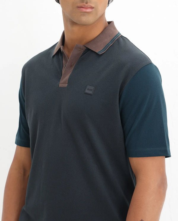 Rare Rabbit Men's Polf Dark Grey Cotton Fabric Short Sleeves Collared Neck Regular Fit Plain Knit Polo T-Shirt