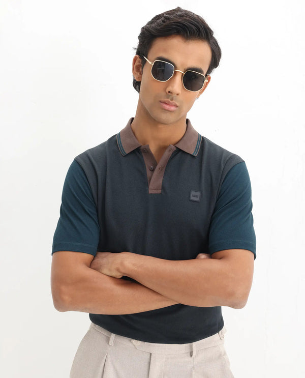 Rare Rabbit Men's Polf Dark Grey Cotton Fabric Short Sleeves Collared Neck Regular Fit Plain Knit Polo T-Shirt