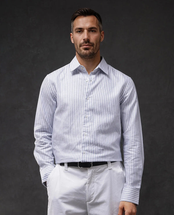 Rare Rabbit Mens Polic Blue Cotton Fabric Regular Collar Full Sleeve Regular Fit Striped Shirt