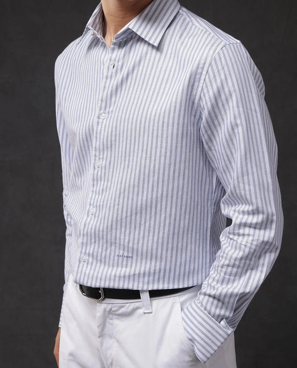 Rare Rabbit Mens Polic Blue Cotton Fabric Regular Collar Full Sleeve Regular Fit Striped Shirt