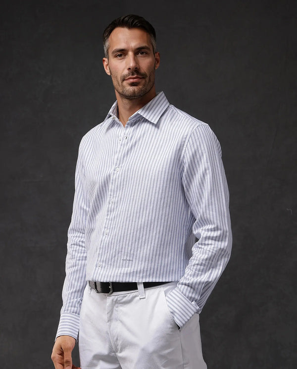 Rare Rabbit Mens Polic Blue Cotton Fabric Regular Collar Full Sleeve Regular Fit Striped Shirt
