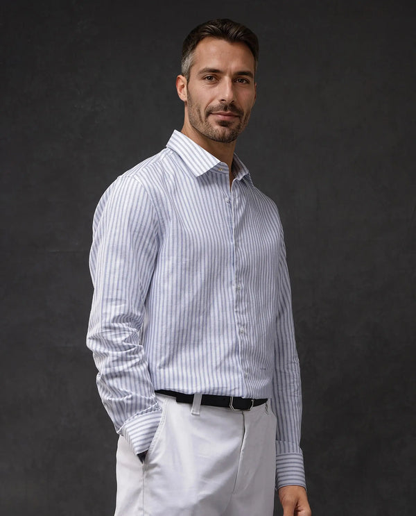 Rare Rabbit Mens Polic Blue Cotton Fabric Regular Collar Full Sleeve Regular Fit Striped Shirt
