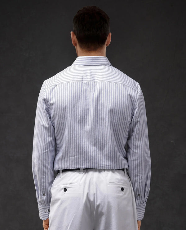 Rare Rabbit Mens Polic Blue Cotton Fabric Regular Collar Full Sleeve Regular Fit Striped Shirt