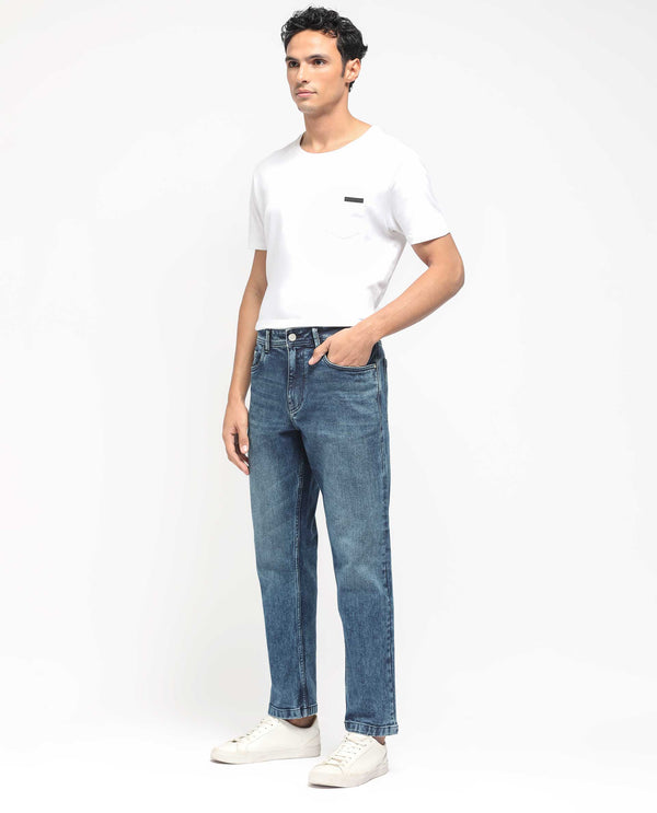 Rare Rabbit Men's Polin Dusky Blue Mid Wash Mid-Rise Regular Fit Jeans