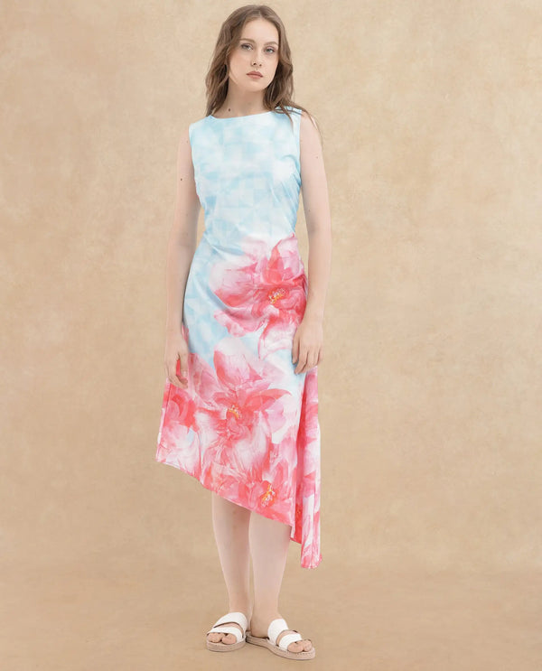 Rareism Women Polina Blue Cotton Elastane Fabric Zip Closure Boat Neck Sleeveless Regular Fit Floral Print Midi A-Line Dress