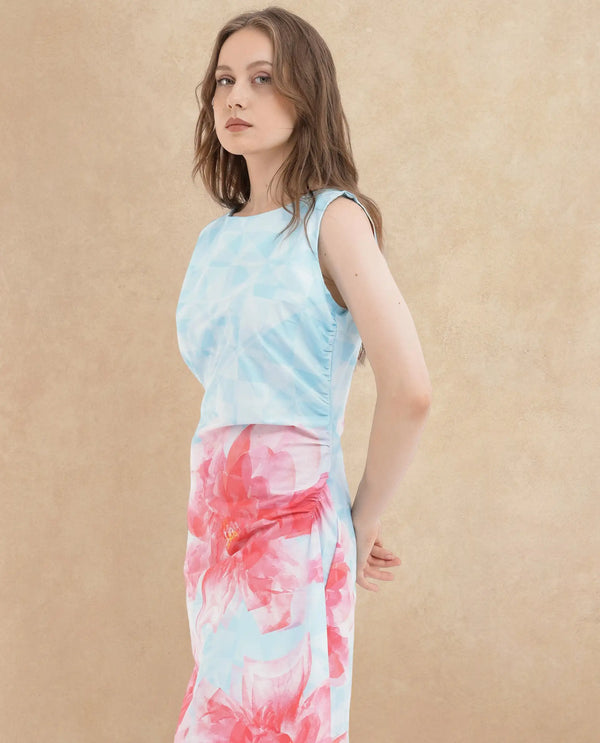 Rareism Women Polina Blue Cotton Elastane Fabric Zip Closure Boat Neck Sleeveless Regular Fit Floral Print Midi A-Line Dress