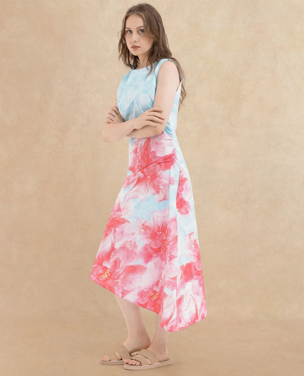 Rareism Women Polina Blue Cotton Elastane Fabric Zip Closure Boat Neck Sleeveless Regular Fit Floral Print Midi A-Line Dress