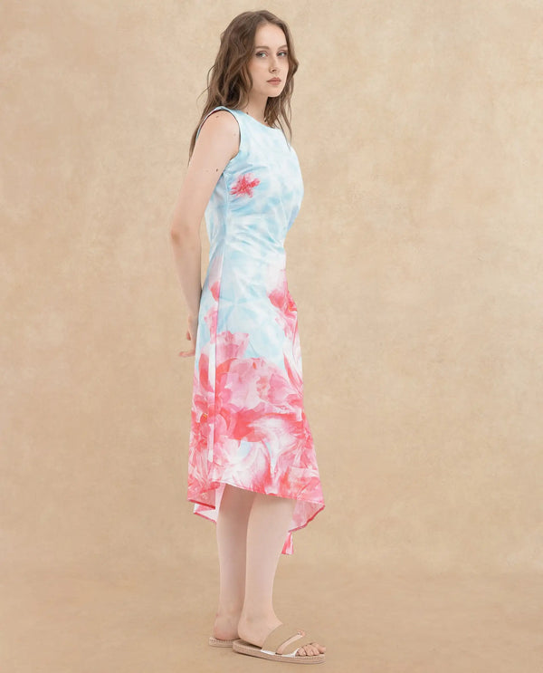 Rareism Women Polina Blue Cotton Elastane Fabric Zip Closure Boat Neck Sleeveless Regular Fit Floral Print Midi A-Line Dress