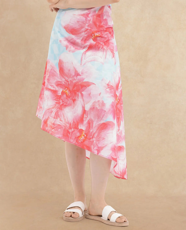 Rareism Women Polina Blue Cotton Elastane Fabric Zip Closure Boat Neck Sleeveless Regular Fit Floral Print Midi A-Line Dress