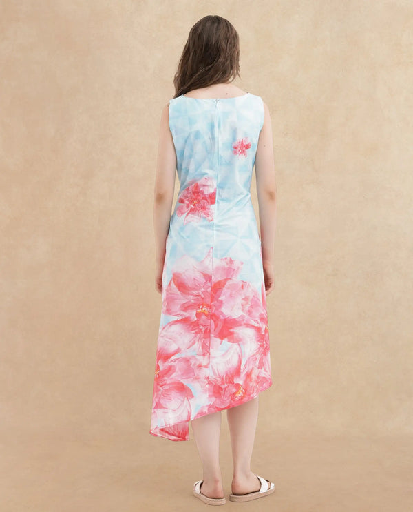 Rareism Women Polina Blue Cotton Elastane Fabric Zip Closure Boat Neck Sleeveless Regular Fit Floral Print Midi A-Line Dress