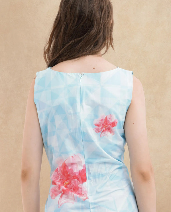 Rareism Women Polina Blue Cotton Elastane Fabric Zip Closure Boat Neck Sleeveless Regular Fit Floral Print Midi A-Line Dress
