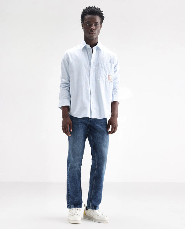 Rare Rabbit Men's Polin Dusky Blue Mid Wash Mid-Rise Regular Fit Jeans