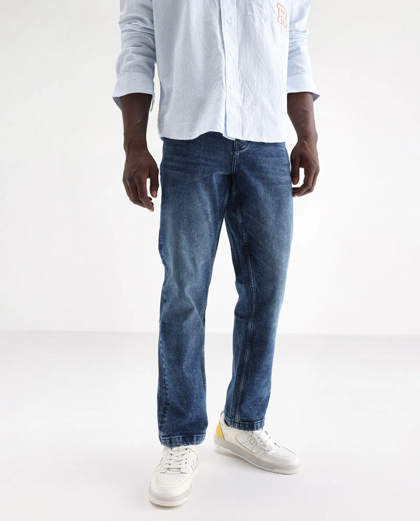 Rare Rabbit Men's Polin Dusky Blue Mid Wash Mid-Rise Regular Fit Jeans