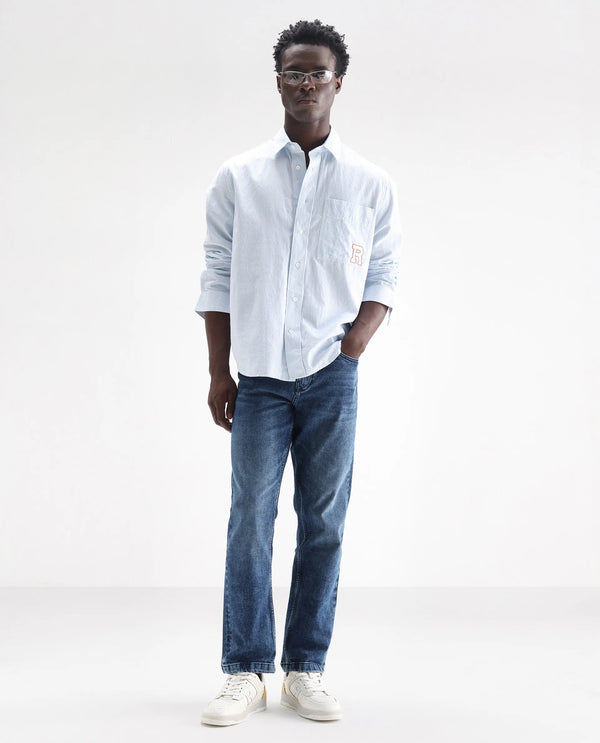 Rare Rabbit Men's Polin Dusky Blue Mid Wash Mid-Rise Regular Fit Jeans