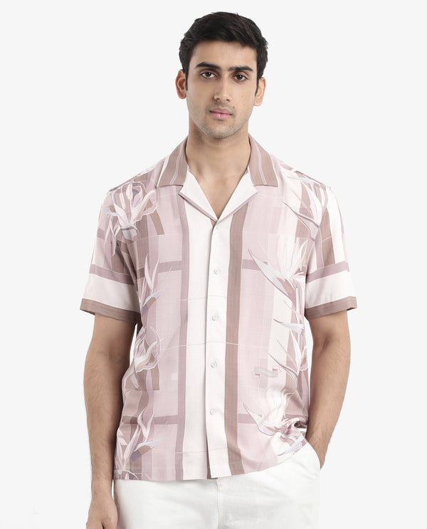 Rare Rabbit Men's Polis Beige Short Sleeve Cuban Collared Abstract Print Shirt