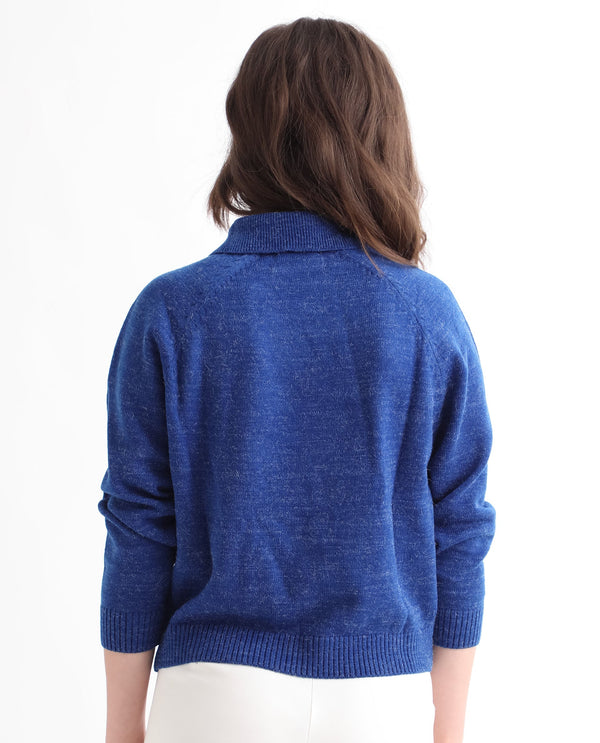 Rareism Women Polish Blue Acrylic Fabric Full Sleeves Knee Length Regular Fit Solid Shirt Collar Sweater