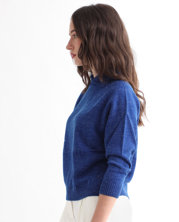 Rareism Women Polish Blue Acrylic Fabric Full Sleeves Knee Length Regular Fit Solid Shirt Collar Sweater