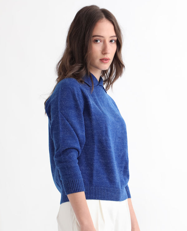 Rareism Women Polish Blue Acrylic Fabric Full Sleeves Knee Length Regular Fit Solid Shirt Collar Sweater